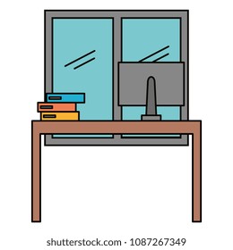 office workplace with computer and windows scene icons