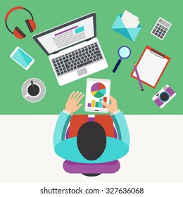 Office Workplace Concept, Developer Working. Flat Design. Vector Illustration