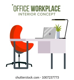 Office Workplace Concept Vector. Furniture Workplace For Programmer, Designer, Salesman. Developer Studio Interior. Laptop. Elegant Office Desk Illustration. 
