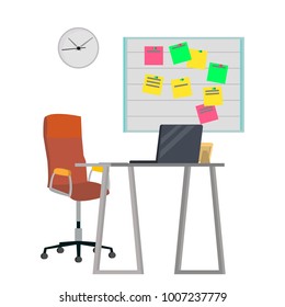 Office Workplace Concept Vector. Furniture Workplace For Boss. Developer Creative Studio Interior. Laptop Computer. Office Desk Illustration. 