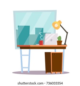 Office Workplace Concept Vector. Furniture Workplace For Boss. Laptop Computer. Office Desk Illustration. 