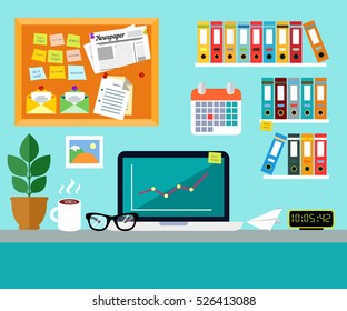 Office workplace design concept set with book shelves and calendar on wall and laptop glasses and cup of coffee on desk vector illustration.  desk 