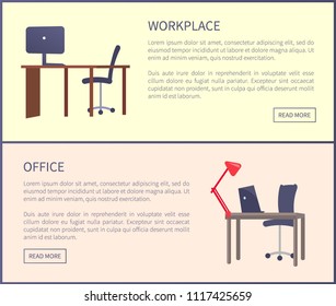 Office workplace design table with computer, comfortable chair, lamp on desk vector furniture isolated, web page online site, push buttons, text sample