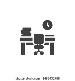 Office workplace desk with books  vector icon. filled flat sign for mobile concept and web design. Office desk with chair and clock glyph icon. Symbol, logo illustration. Vector graphics