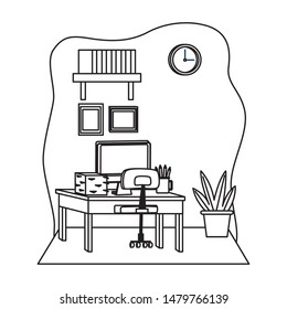 Office workplace desk with computer and bookshelf with plant pot elements cartoons ,vector illustration graphic design.