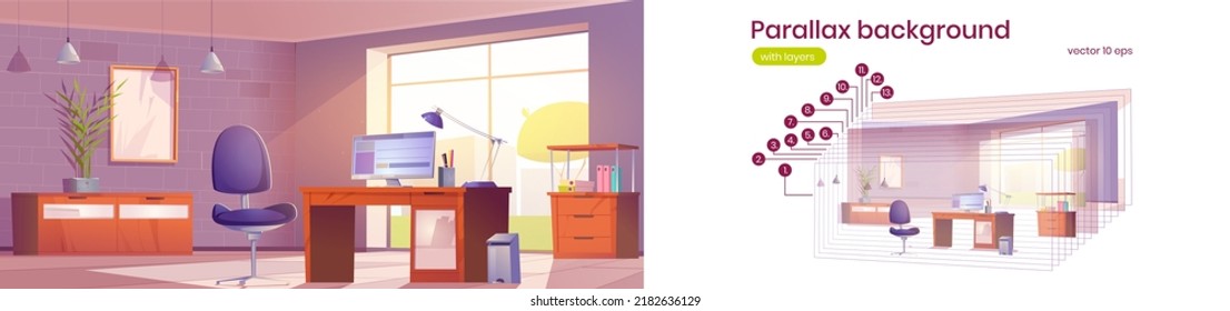Office workplace with desk, computer, chair and bookcase. Vector parallax background ready for 2d animation with cartoon interior of home cabinet with big window and wooden furniture