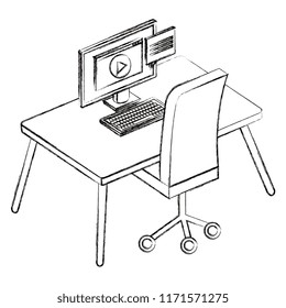office workplace with desk and desktop scene