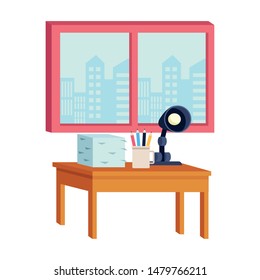 Office workplace desk with documents pencils and light lamp elements cartoons ,vector illustration graphic design.