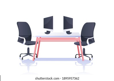 office workplace desk with laptops and armchairs isolated on white background horizontal vector illustration