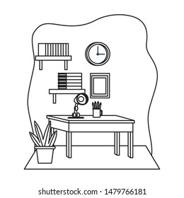 Office workplace desk with light lamp pencils and bookshelf elements cartoons ,vector illustration graphic design.