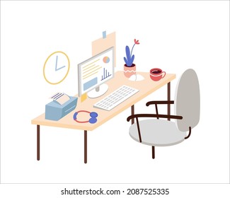 Office workplace with desk loaded with working stuff: PC, printer, headphones and the cup of coffe.
