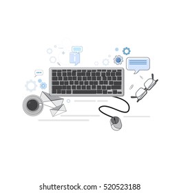 Office Workplace Desk Top Angle View Thin Line Vector Illustration