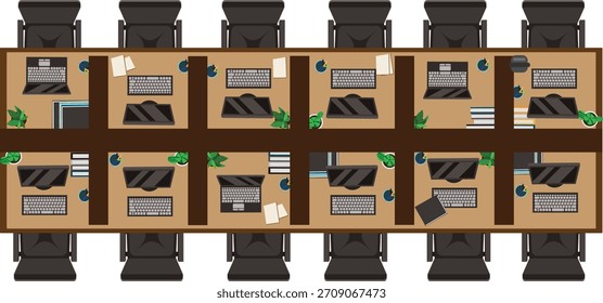Vector interior de los muebles de oficina de la vista superior del escritorio del lugar de trabajo de oficina