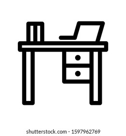 Office workplace with desktop computer icon. Work table with computer monitor and chair vector illustration