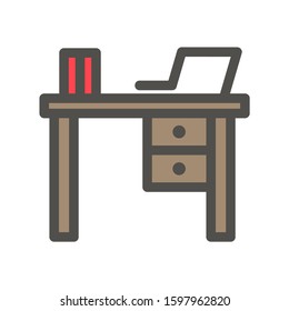 Office workplace with desktop computer icon. Work table with computer monitor and chair vector illustration