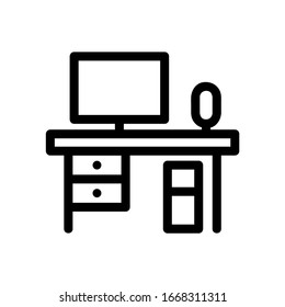 Office workplace with desktop computer icon. Work table with computer monitor and chair vector illustration