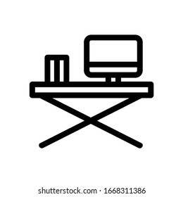 Office workplace with desktop computer icon. Work table with computer monitor and chair vector illustration