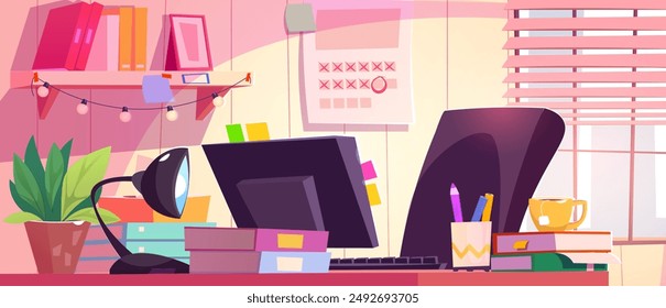 Office workplace with desktop computer. Vector cartoon illustration of room interior with workspace by window, folders with documents on desk and shelf, flower pot, lamp, color sticky notes on display