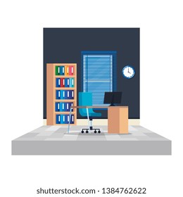 office workplace with desktop and library