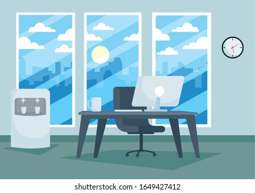 office workplace with desktop scene vector illustration design