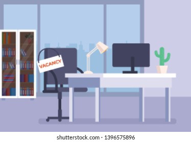 Office workplace with an empty armchair and with vacancy sign text. Head hunting recruitment concept. Vector flat graphic design cartoon illustration