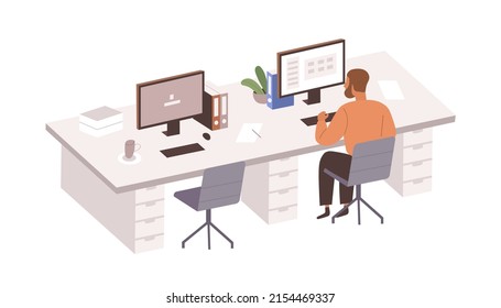 Office workplace with empty chair of absent employee and person working at computer, staying at work alone, replacing colleague left for break. Flat vector illustration isolated on white background