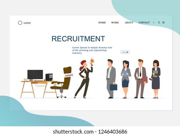 Office Workplace, Empty Seat with Vacancy Sign on Landing Page. Queue of Employees in Strict Suit. Female HR Making Announcement. Business Hiring, Recruitment Concept Site. Cartoon Vector Illustration