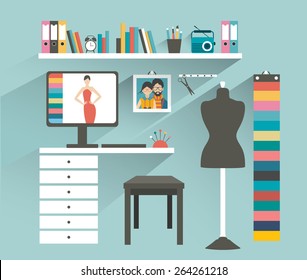 Office Workplace. Fashion Designer Office. Flat Design Vector Illustration. 