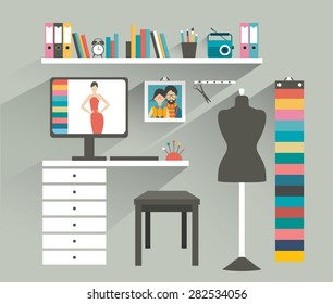 Office workplace. Fashion designer office. Flat design vector illustration. 