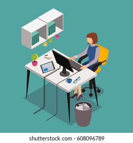 Office workplace and female worker on the computer. Vector illustration in 3d isometric design.