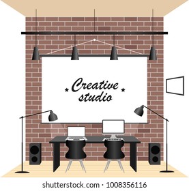 Office workplace flat design illustration. Business concept objects, elements & equipment. Room interior. Web banner.