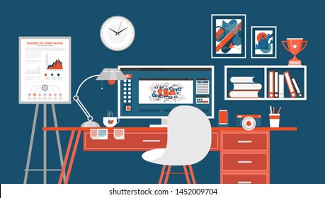 Office workplace flat design illustration. Business concept objects, elements & equipment. Room interior. Web banner.