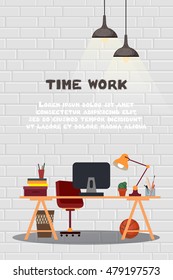 Office workplace flat design illustration. Business concept objects, elements & equipment. Room interior. Web banner.