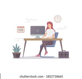 Office workplace. Flat illustration of home workplace. A woman with a computer works sitting behind a desk. Isolated on white background. 