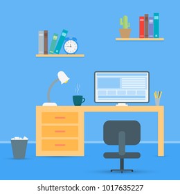 Office, workplace in a flat style. A chair, a table with a computer and shelves with books on the wall. Vector illustration.