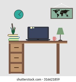 Office workplace flat vector design. Workspace for freelancer and home work.