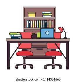 office workplace furniture desk bookshelf vector illustration