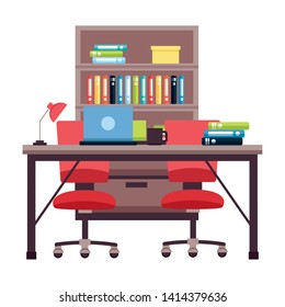 office workplace furniture desk bookshelf vector illustration