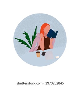 Office workplace. Girl working in the office. Vector icon