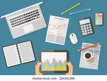 Office workplace. Hands holding digital tablet; notebook and other items. Flat design illustration