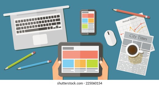 Office workplace. Hands holding digital tablet, noteboks and other items. Flat design banner