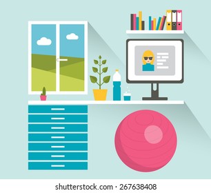 Office Workplace. Healthy Work Space. Flat Design Vector Illustration. 