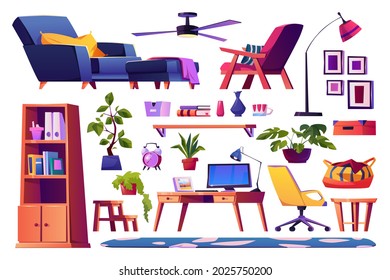 Office and workplace at home, interior design elements and pieces for space. Sofa and shelves, armchair and lamp, table and personal computer, plants and decoration set. Vector in flat style