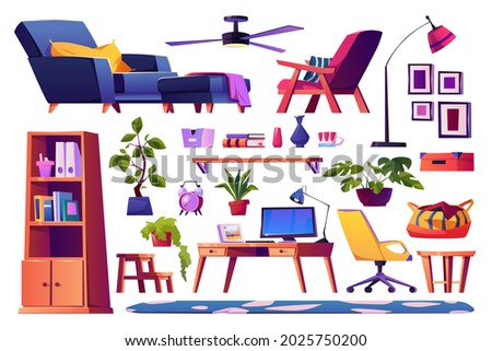 Office and workplace at home, interior design elements and pieces for space. Sofa and shelves, armchair and lamp, table and personal computer, plants and decoration set. Vector in flat style