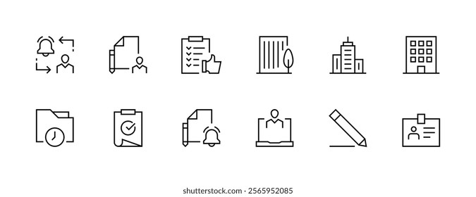 Office and workplace icon collection. Workplace, work space, deadline, office tools, time management, documents and more. Editable stroke. Pixel Perfect. Grid base 32px.