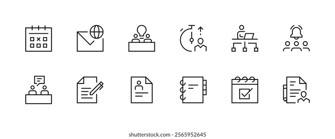 Office and workplace icon collection. Workplace, work space, deadline, office tools, time management, documents and more. Editable stroke. Pixel Perfect. Grid base 32px.