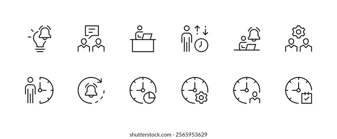 Office and workplace icon collection. Workplace, work space, deadline, office tools, time management, documents and more. Editable stroke. Pixel Perfect. Grid base 32px.