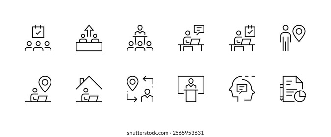 Office and workplace icon collection. Workplace, work space, deadline, office tools, time management, documents and more. Editable stroke. Pixel Perfect. Grid base 32px.