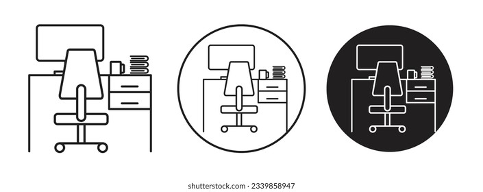 Office Workplace icon set. clean home workplace with computer and table and chair furniture vector symbol in black color. suitable for mobile app, and website UI design.