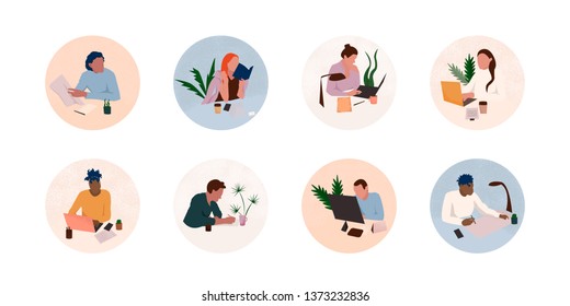 Office workplace icon set. Man and woman working in the office with laptop. Vector illustration